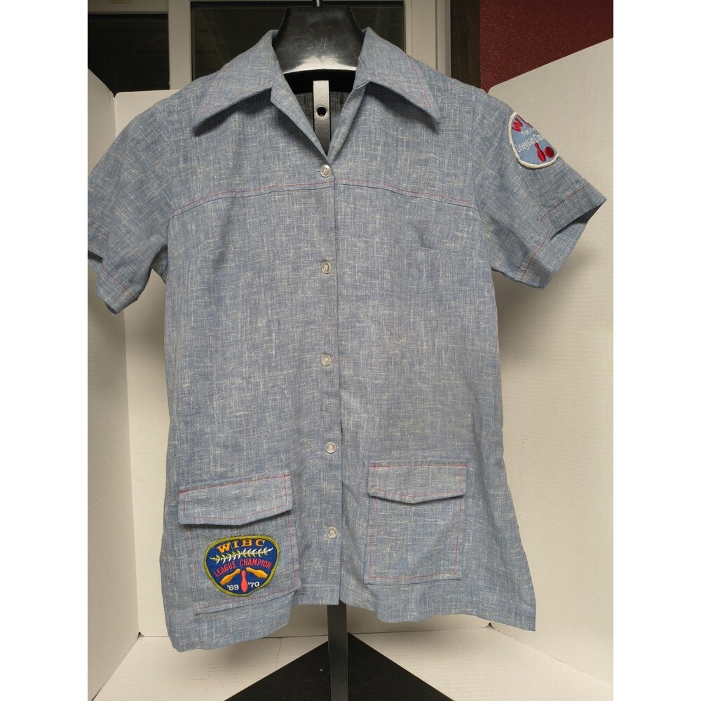 Vintage 60s 70s Nat Nast Women’s Bowling Shirt Blue Chambray WIBC League Retro